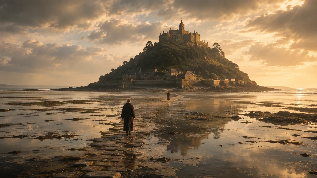Representação artística de St Michael’s Mount na maré baixa, com o causeway de pedra reaparecendo entre Marazion e a ilha sob luz dourada