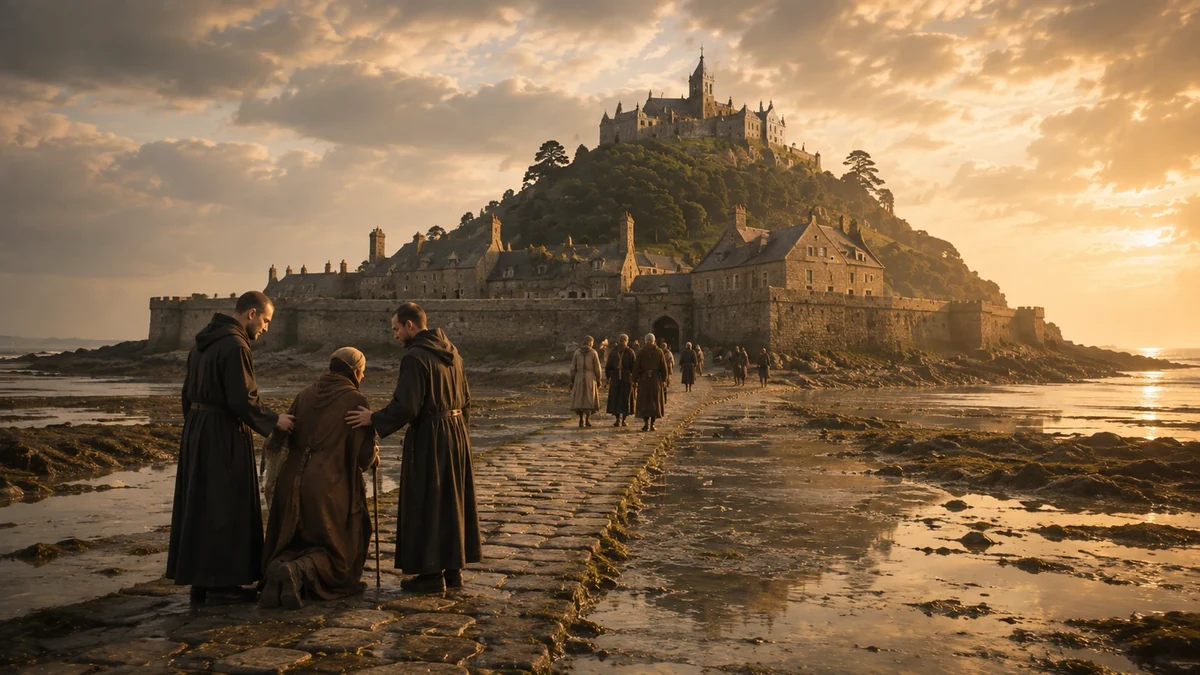 Representação artística de peregrinos e monges atravessando o causeway em direção a St Michael’s Mount, evocando a peregrinação e os relatos de milagres de 1262–1263