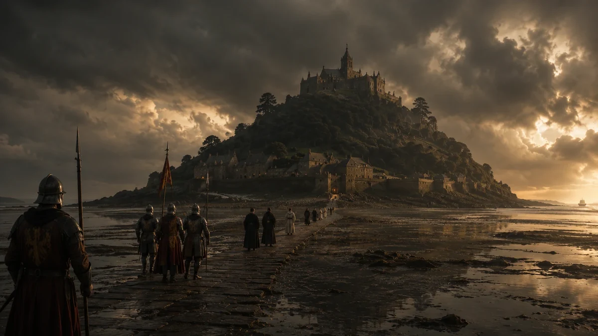 Representação artística de St Michael’s Mount em período de conflito político medieval, com soldados e religiosos atravessando o causeway sob céu carregado