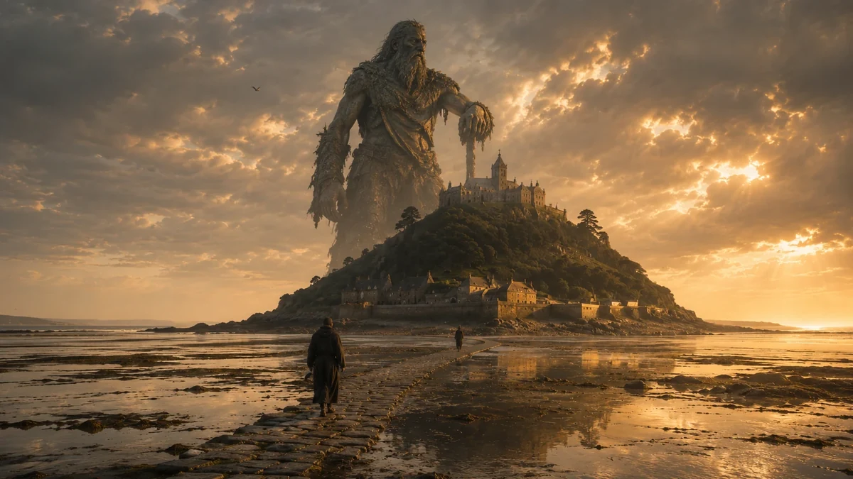 Representação artística folclórica do gigante Cormoran sobre St Michael’s Mount, apresentada como imaginação lendária da Cornualha e não como fato histórico ou religioso