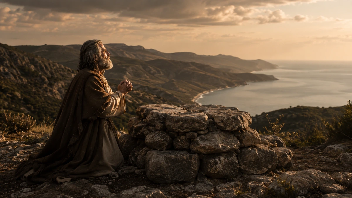 Profeta Elias em oração diante de um altar de pedras no Monte Carmelo ao entardecer