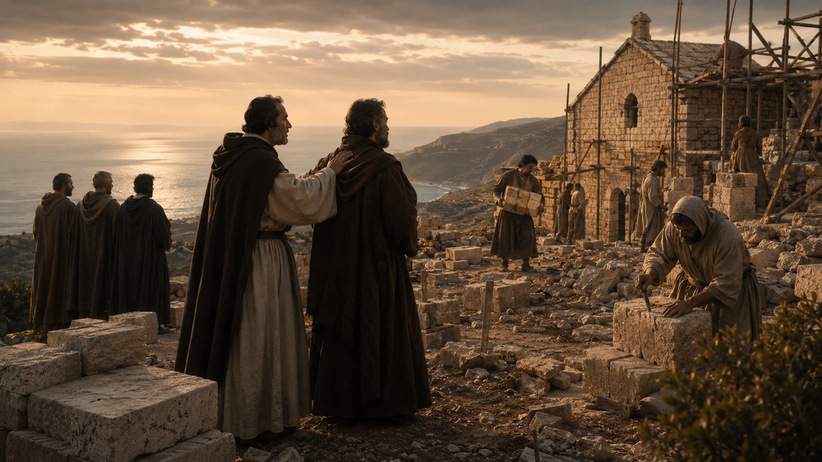 Carmelitas e trabalhadores reconstruindo uma igreja de pedra no Monte Carmelo ao entardecer