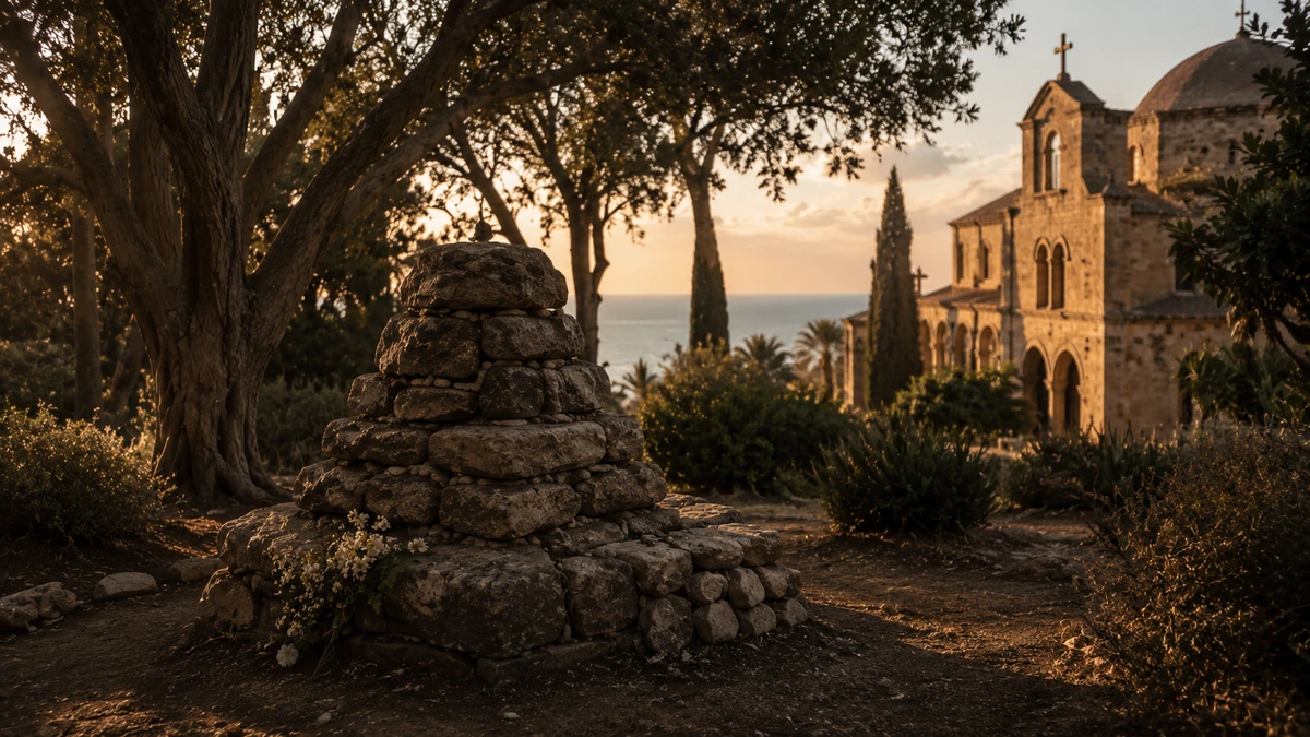 Memorial de pedra no jardim de Stella Maris diante do santuário ao entardecer