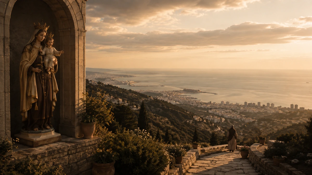 Nossa Senhora do Carmo em Stella Maris, com o Monte Carmelo, Haifa e o Mediterrâneo ao fundo
